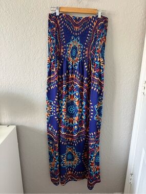VENUS Strapless Maxi Dress in Navy with Teal & Orange Print VENUS